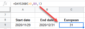 google sheets DAYS360 FUNCTION 2