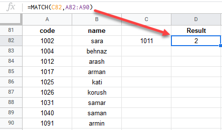 google sheets match function 2