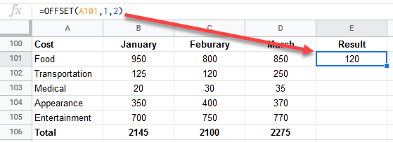 google sheets offset function 2