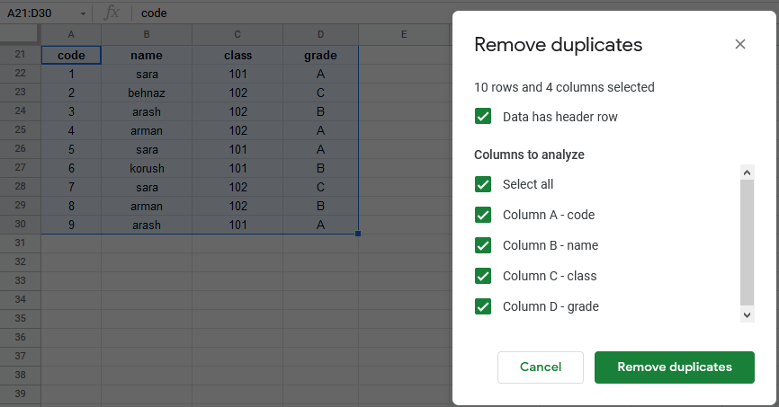 google sheets menu data remove duplicates 4