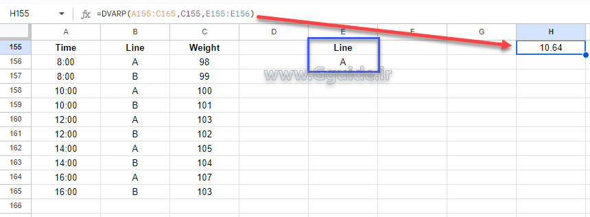 google sheets DVARP function 2