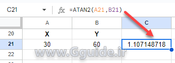 google sheets ATAN2 function