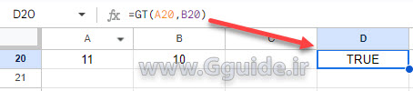 google sheets GT function