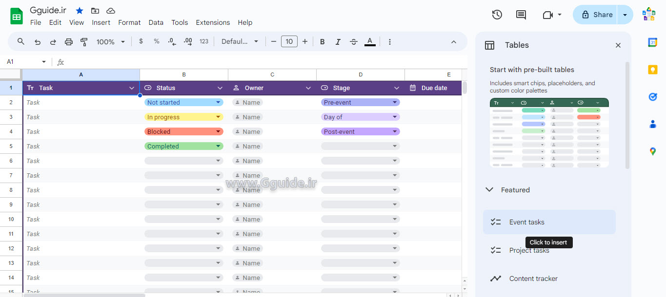 google sheets Table 2