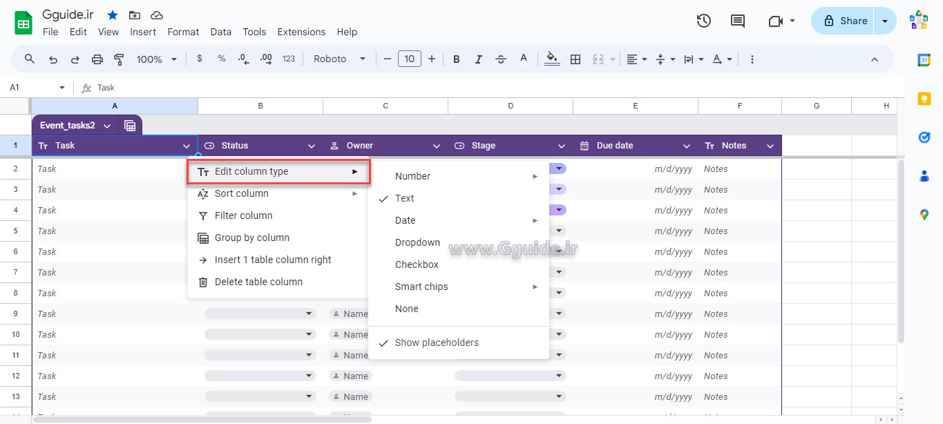 google sheets Table 5