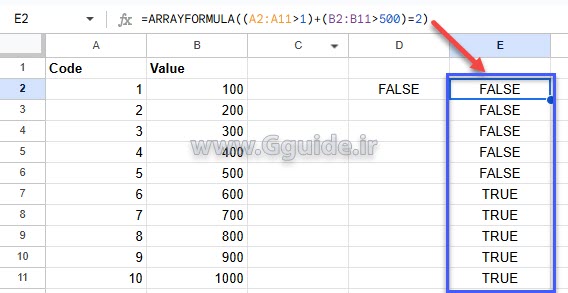 چگونه توابع AND و OR را در گوگل شیت Google Sheets بصورت آرایهای تعریف کنیم 2